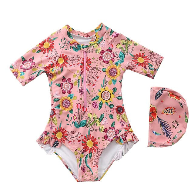 Little Girls Floral Short Sleeve One Piece Rash Guard Swimsuit